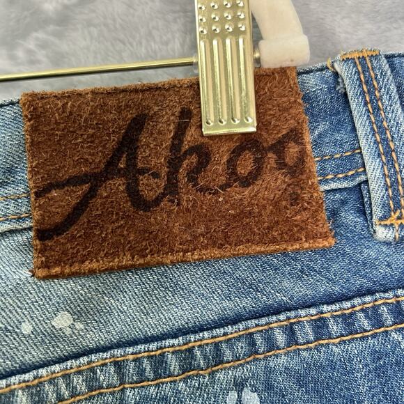 AKOO Jeans Mens 40/34 Blue Paint Splatter Distressed No Rivals Patch Big Oak Fit - Picture 9 of 16